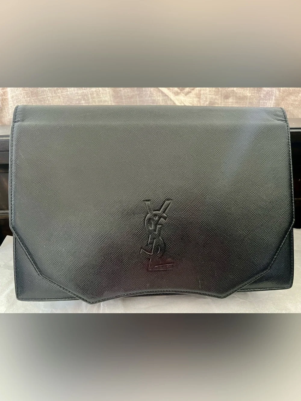 Saint Laurent Black Textured Leather Messenger Bag with Embossed YSL